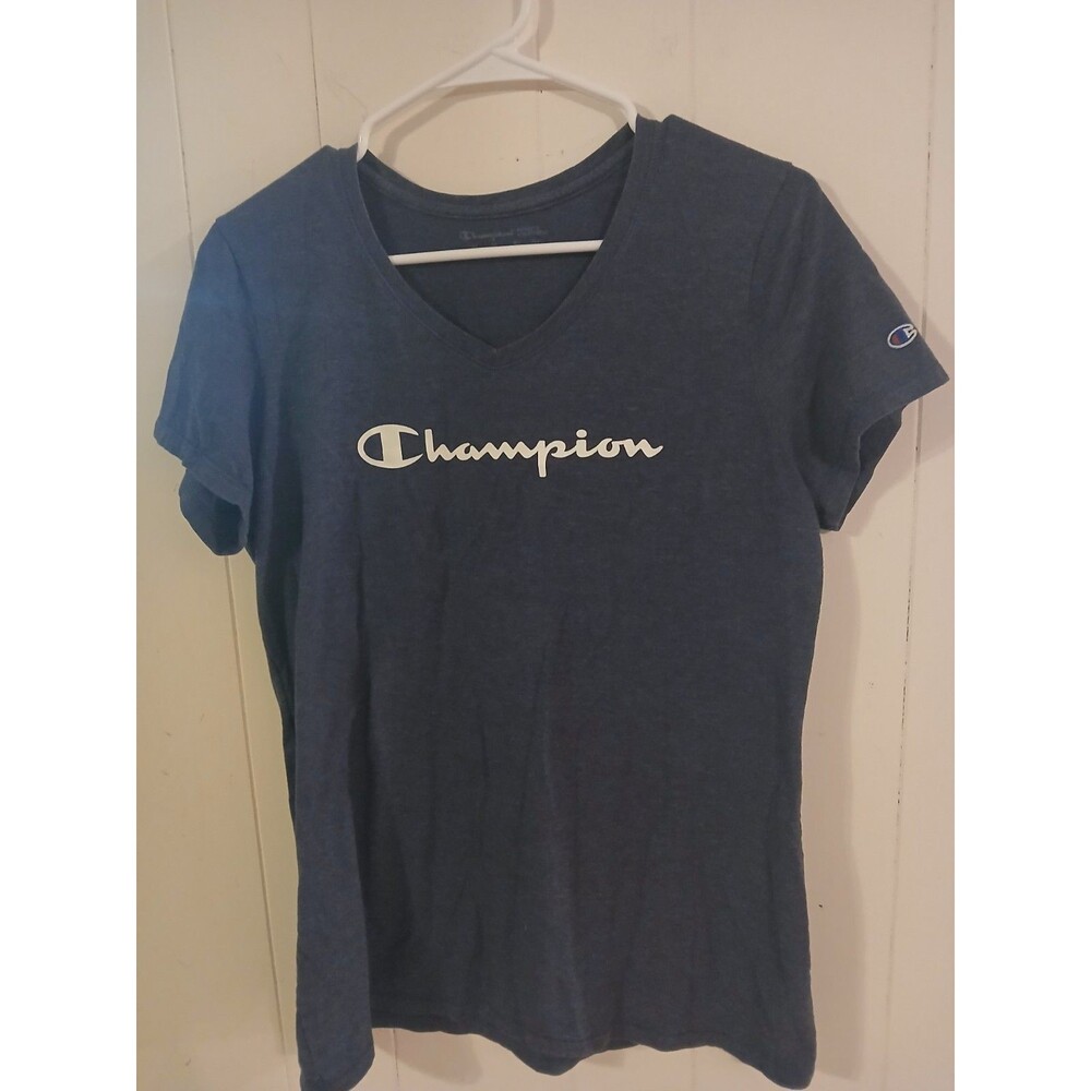 Champion Classic Script Logo Tee Women's Medium Blue Crew Neck Short Sleeve